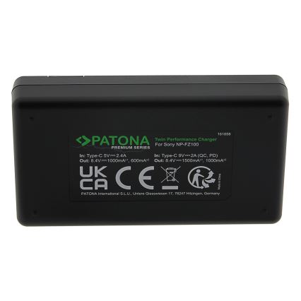 PATONA - Быстрое зарядное устройство Dual Sony NP-FZ100 + кабель USB-C 0,6м
