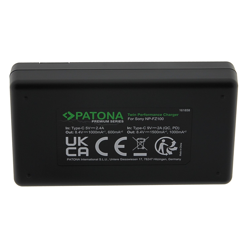PATONA - Быстрое зарядное устройство Dual Sony NP-FZ100 + кабель USB-C 0,6м