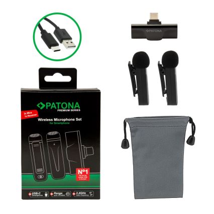 PATONA - НАБІР 2x Бездротовий мікрофон із затискачем для Smartphone USB-C 5V