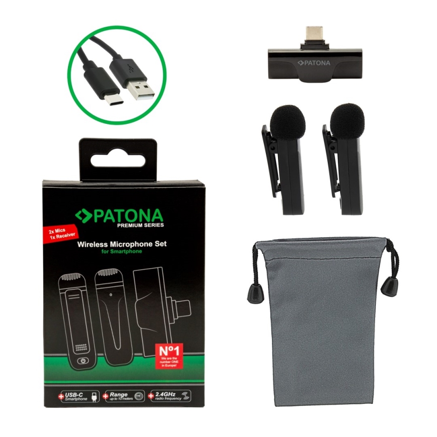 PATONA - НАБІР 2x Бездротовий мікрофон із затискачем для Smartphone USB-C 5V