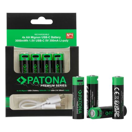 PATONA - НАБІР 4x Акумулятор AA/LR6 Li-Pol 2000mAh 1,5Vs з USB-C зарядкою