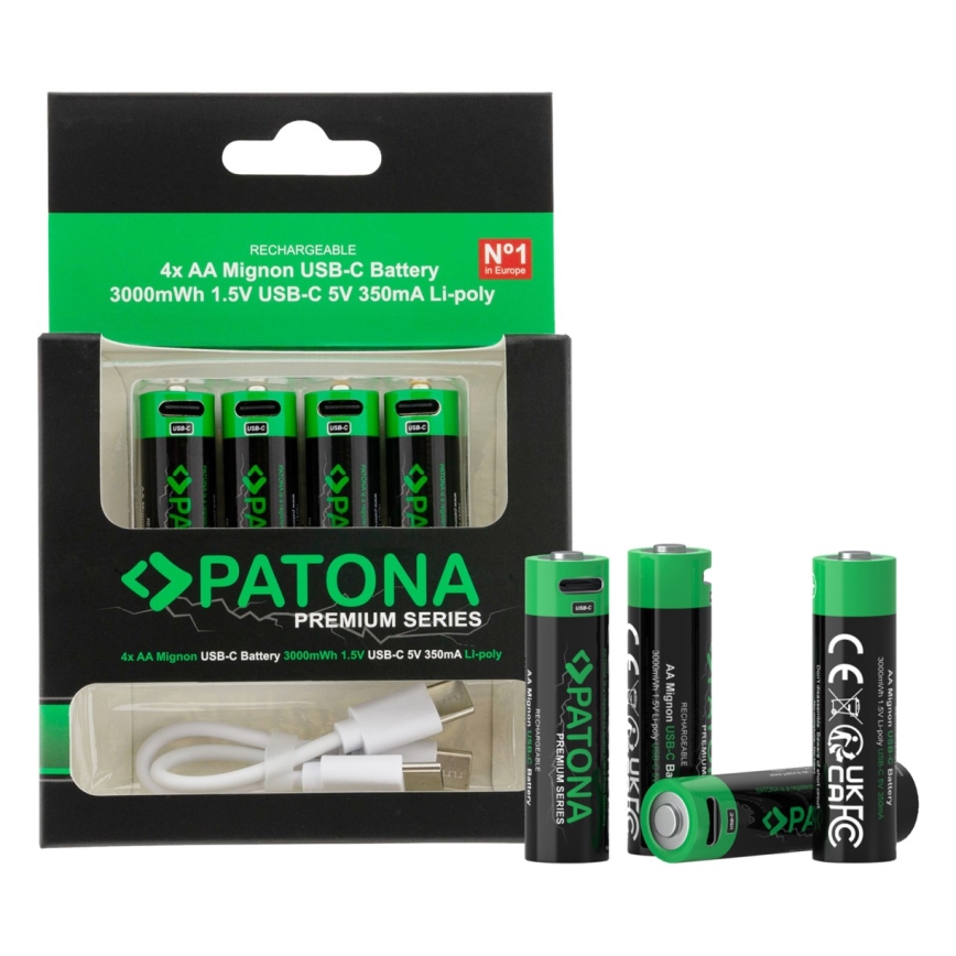 PATONA - НАБІР 4x Акумулятор AA/LR6 Li-Pol 2000mAh 1,5Vs з USB-C зарядкою