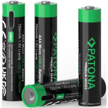 PATONA - НАБІР 4x Акумулятор AAA/LR03 Li-Pol 500mAh 1,5V з USB-C зарядкою