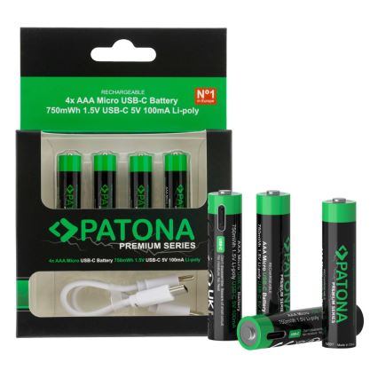 PATONA - НАБІР 4x Акумулятор AAA/LR03 Li-Pol 500mAh 1,5V з USB-C зарядкою
