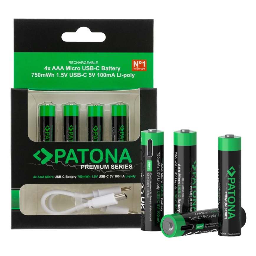 PATONA - НАБІР 4x Акумулятор AAA/LR03 Li-Pol 500mAh 1,5V з USB-C зарядкою