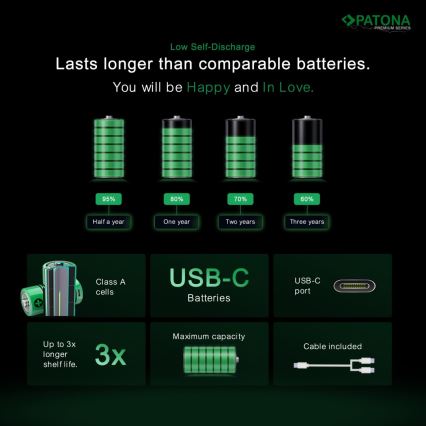 PATONA - НАБІР 4x Акумулятор AAA/LR03 Li-Pol 500mAh 1,5V з USB-C зарядкою