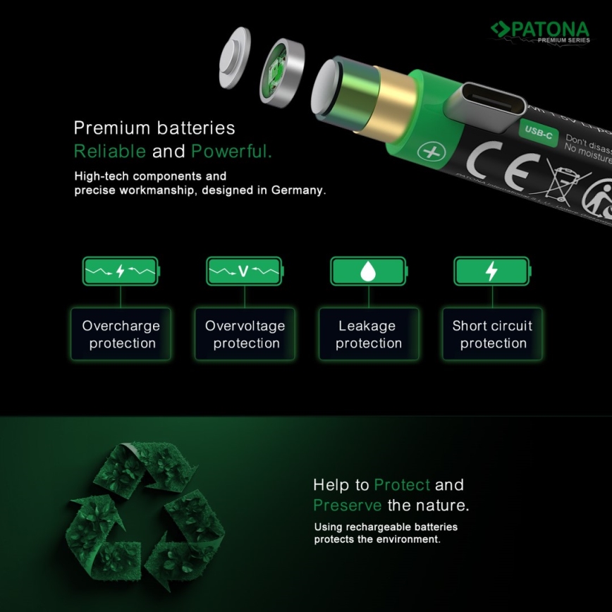 PATONA - НАБІР 4x Акумулятор AAA/LR03 Li-Pol 500mAh 1,5V з USB-C зарядкою