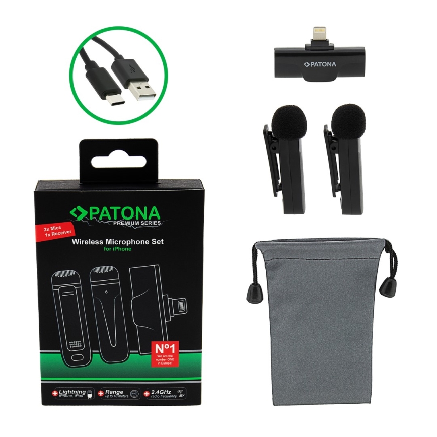 PATONA - НАБОР 2x Беспроводной микрофон с зажимом для iPhone USB-C 5V