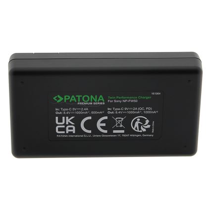 PATONA - Швидкий зарядний пристрій Dual Sony NP-FW50 + кабель USB-C 0,6 м