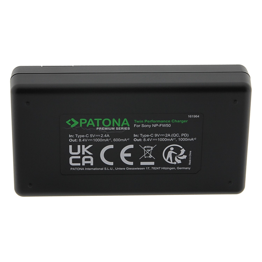 PATONA - Швидкий зарядний пристрій Dual Sony NP-FW50 + кабель USB-C 0,6 м