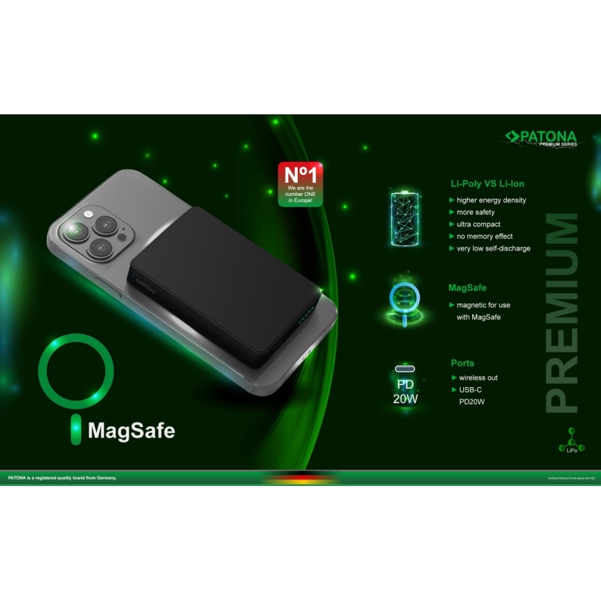 PATONA - Внешний аккумулятор 10000mAh Li-Pol-PD20W MagSafe USB-C и Qi-зарядка