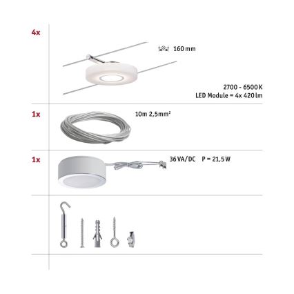 Paulmann 50109 - НАБОР 4xLED/4,4W Точечный светильник с регулированием яркости для струнной системы SMART DISC 230V
