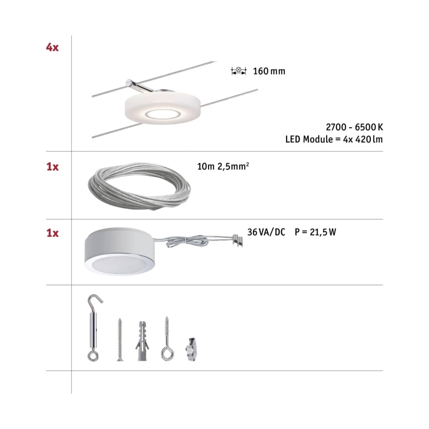 Paulmann 50109 - НАБОР 4xLED/4,4W Точечный светильник с регулированием яркости для струнной системы SMART DISC 230V