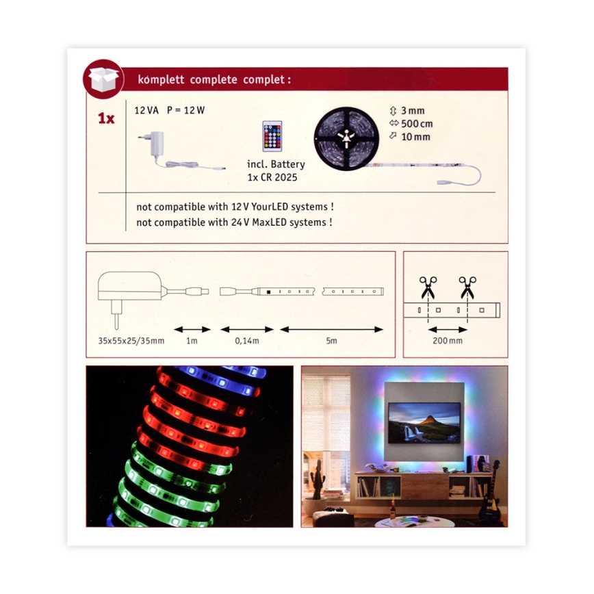 Paulmann 70513 - Светодиодная лента с регулированием яркости RGB/10W SIMPLED 5м 230V + пульт ДУ