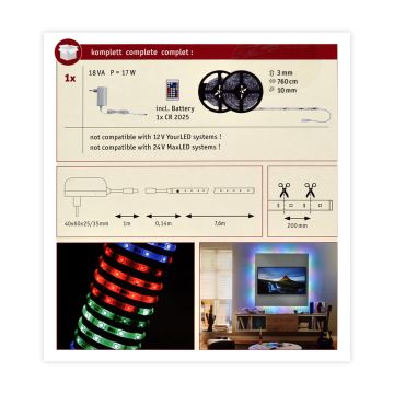 Paulmann 70514 - Светодиодная лента с регулированием яркости RGB/15W SIMPLED 7,5 м 230V + пульт ДУ