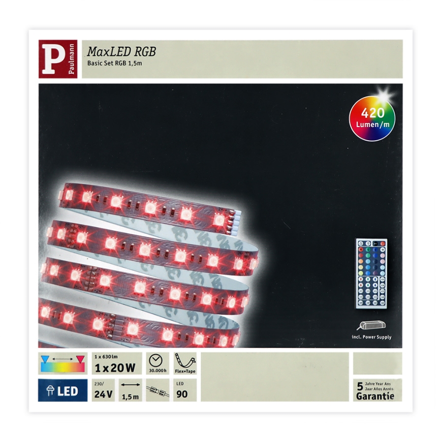 Paulmann 70587 - RGB LED-лента MAXLED 20 Вт, диммируемая, 1,5 м, 230 В + пульт дистанционного управления