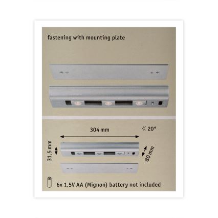 Paulmann 70640 - 3xLED/0,5W Підсвітка шафи з регулюванням яскравості SLIDE 6xAA