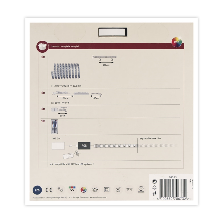Paulmann 70673 - Світлодіодна RGB/40W стрічка з регулюванням яскравості MAXLED 3м 230V + пульт ДК