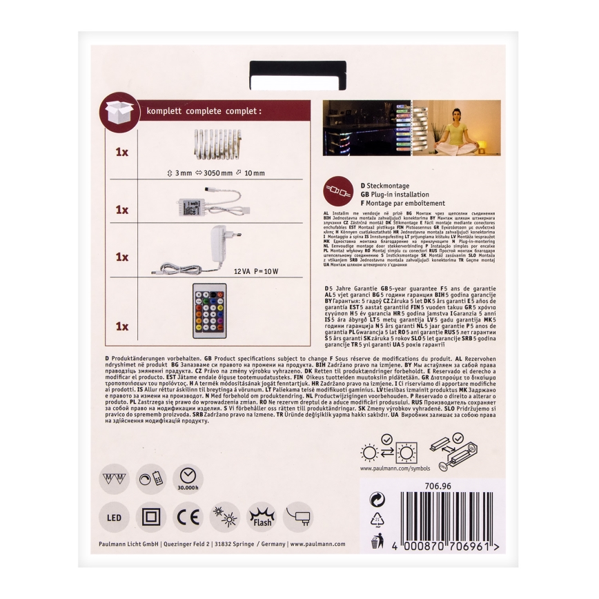 Paulmann 70696 - Світлодіодна RGBW/8W стрічка з регулюванням яскравості DIGITAL 3м 230V + дистанційне керування