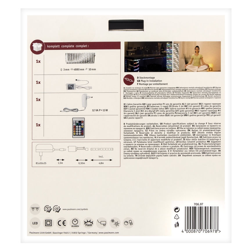 Paulmann 70697 - Світлодіодна RGBW/10,5W стрічка з регулюванням яскравості DIGITAL 4,8м 230V + дистанційне керування