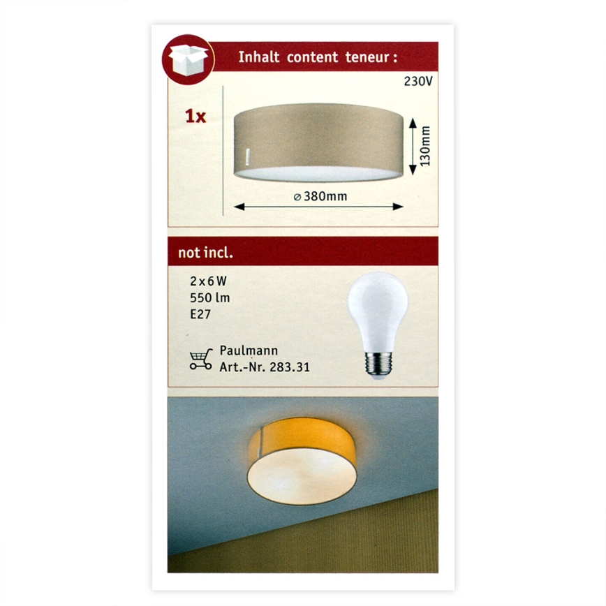 Paulmann 70952 - 2xE27/20W Стельовий світильник MARI 230V бежева