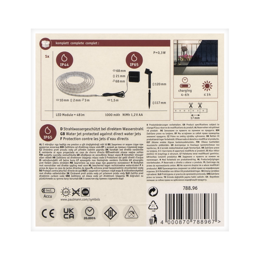 Paulmann 78896 - LED/0,3W IP44 Лента на солнечной батарее 3м 1,2V