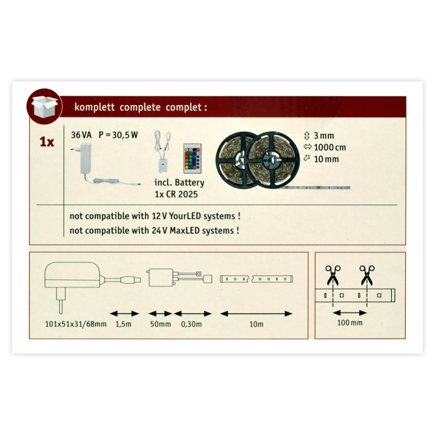 Paulmann 78980 -  Світлодіодна RGB/28W стрічка з регулюванням яскравості SIMPLED 10м 230V + ДК