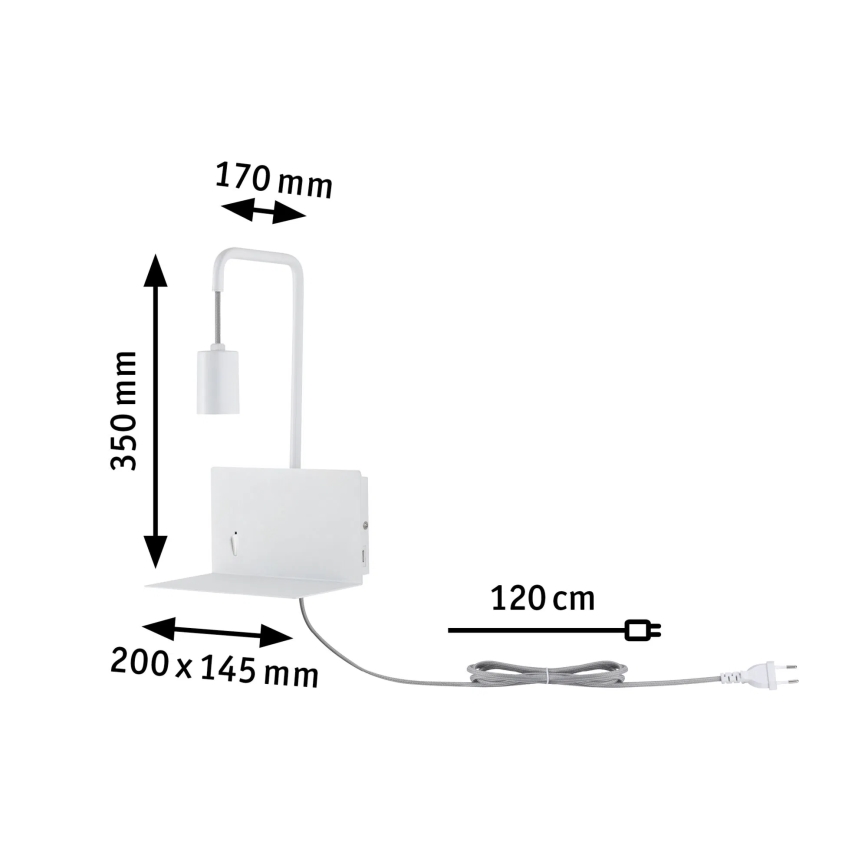 Paulmann 79812 - 1xE27/40W Настінний світильник з полицею та USB CALVANI 230V білий