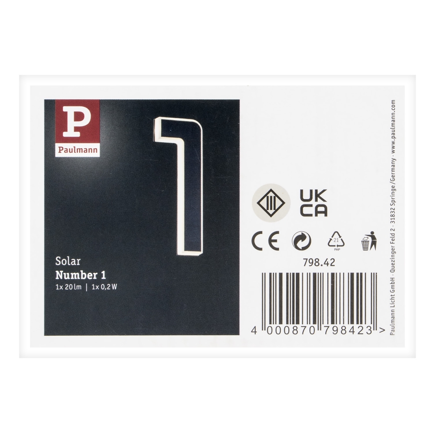 Paulmann 79842 - LED/0,2W IP44 Номер будинку на сонячній батареї 1,2V