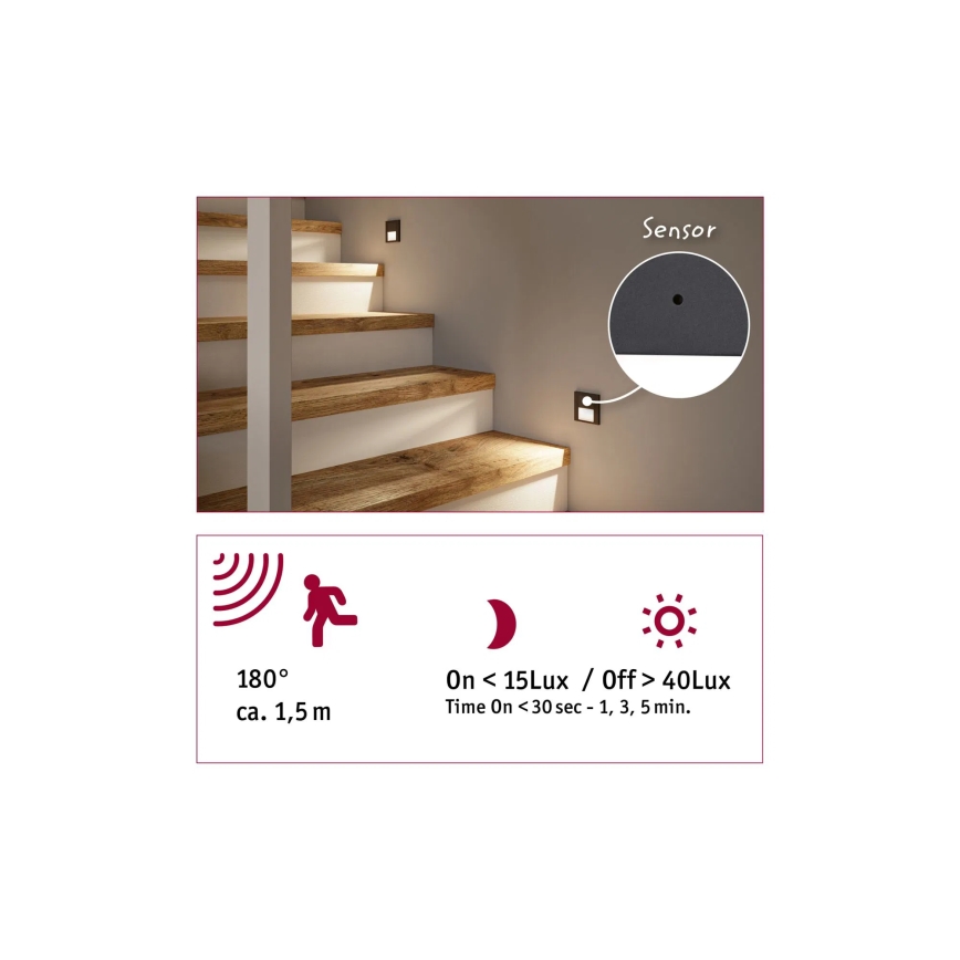 Paulmann 80002 - LED/1W Сходовий світильник з датчиком TSARO 230V Lead/білий