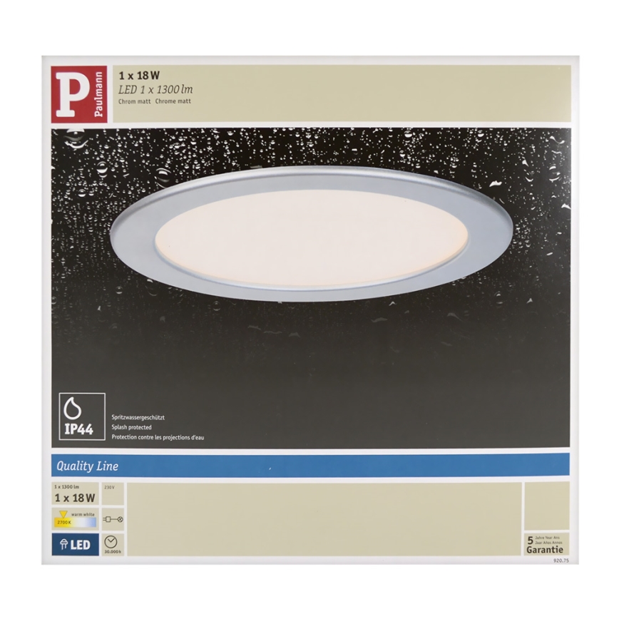 Paulmann 92075 - LED/18W IP44 Вбудований стельовий світильник для ванної кімнати QUALITY LINE 230V