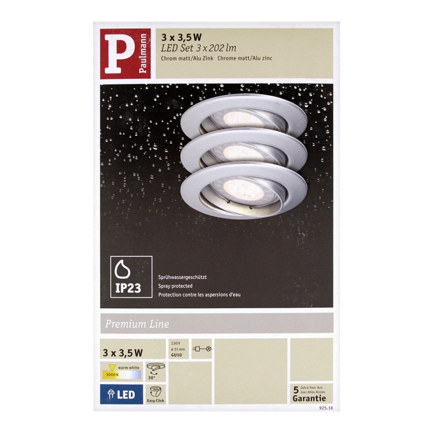 Paulmann 92516 - НАБОР 3xLED-GU10/3,5W Встроенный светильник для ванной комнаты PREMIUM LINE 230V