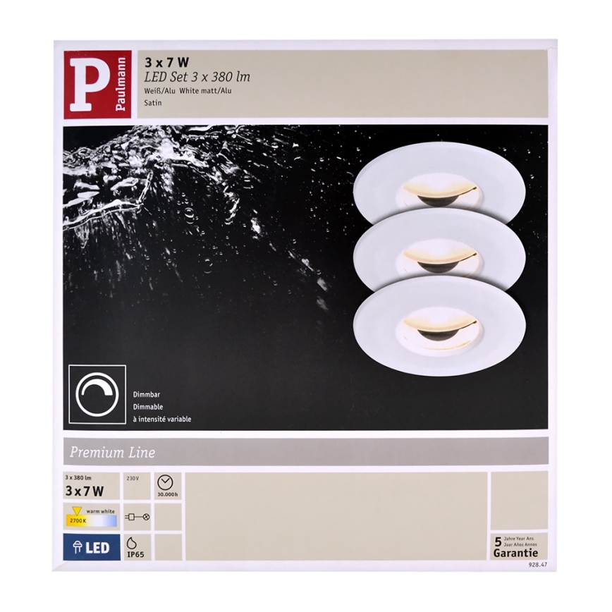 Paulmann 92847 - НАБІР 3xLED/7W IP65 Світлодіодний вбудований світильник для ванної з регулюванням яскравості COIN 230V