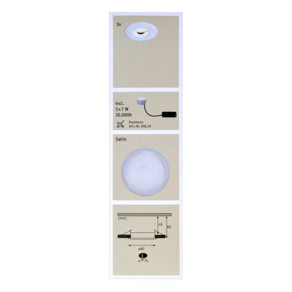 Paulmann 92847 - НАБОР 3xLED/7W IP65 Встроенный светильник для ванной комнаты с регулированием яркости COIN 230V