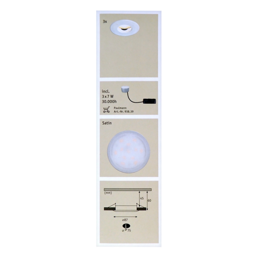 Paulmann 92847 - НАБОР 3xLED/7W IP65 Встроенный светильник для ванной комнаты с регулированием яркости COIN 230V