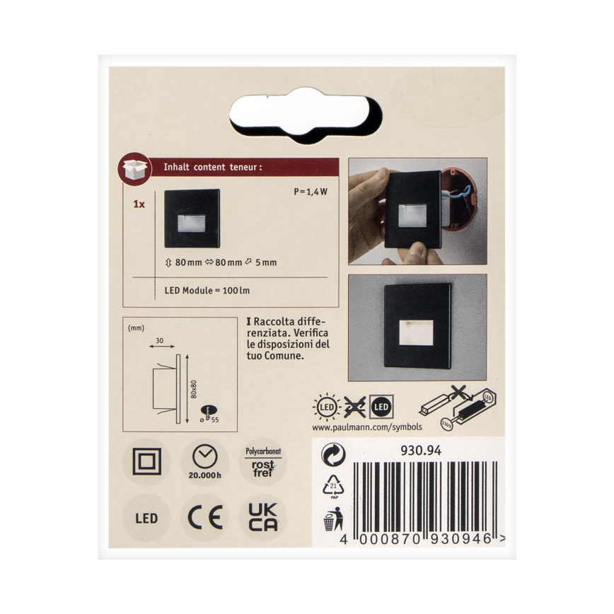 Paulmann 93094 - LED/1,2W Сходовий світильник EDGE 230V