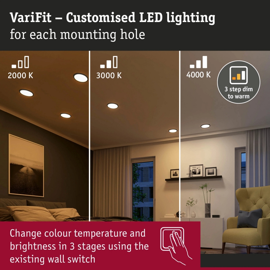 Paulmann 93102 - LED/16W IP44 вбудований стельовий світильник для ванної кімнати AREO 230V 2000/3000/4000K діаметр 23 см чорний