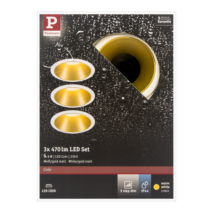 Paulmann 93406 - НАБІР 3xLED/6,5W IP44 Вбудований стельовий світильник для ванної з регулюванням яскравості COLE 230V