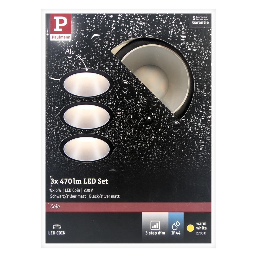 Paulmann 93408 - НАБІР 3xLED/6,5W IP44 Вбудований стельовий світильник для ванної з регулюванням яскравості COLE 230V