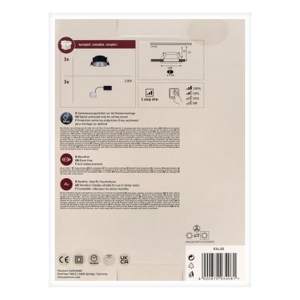 Paulmann 93408 - НАБОР 3xLED/6,5W IP44 Встроенный светильник для ванной комнаты с регулированием яркости COLE 230V