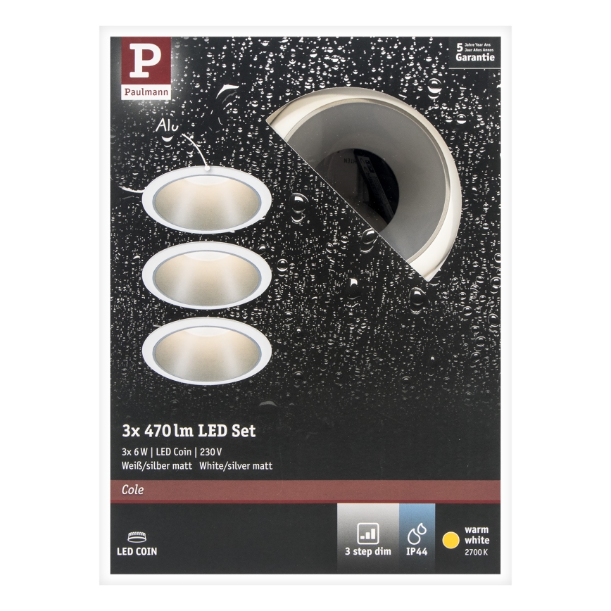 Paulmann 93410 - НАБІР 3xLED/6,5W IP44 Вбудований стельовий світильник для ванної кімнати з регулюванням яскравості COLE 230V