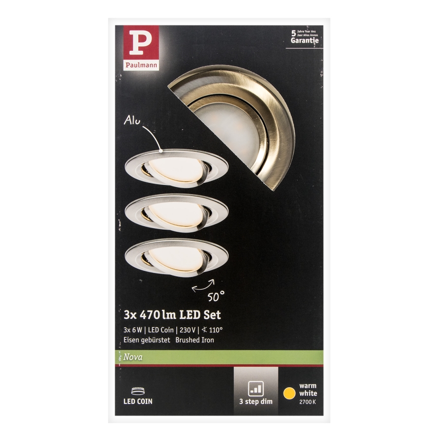 Paulmann 93483 - НАБІР 3xLED/6,5W IP23 Вбудований стельовий світильник для ванної з регулюванням яскравості NOVA 230V