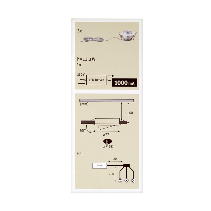 Paulmann 93579 - НАБІР 3xLED/3,8W Вбудований світильник PREMIUM 230V