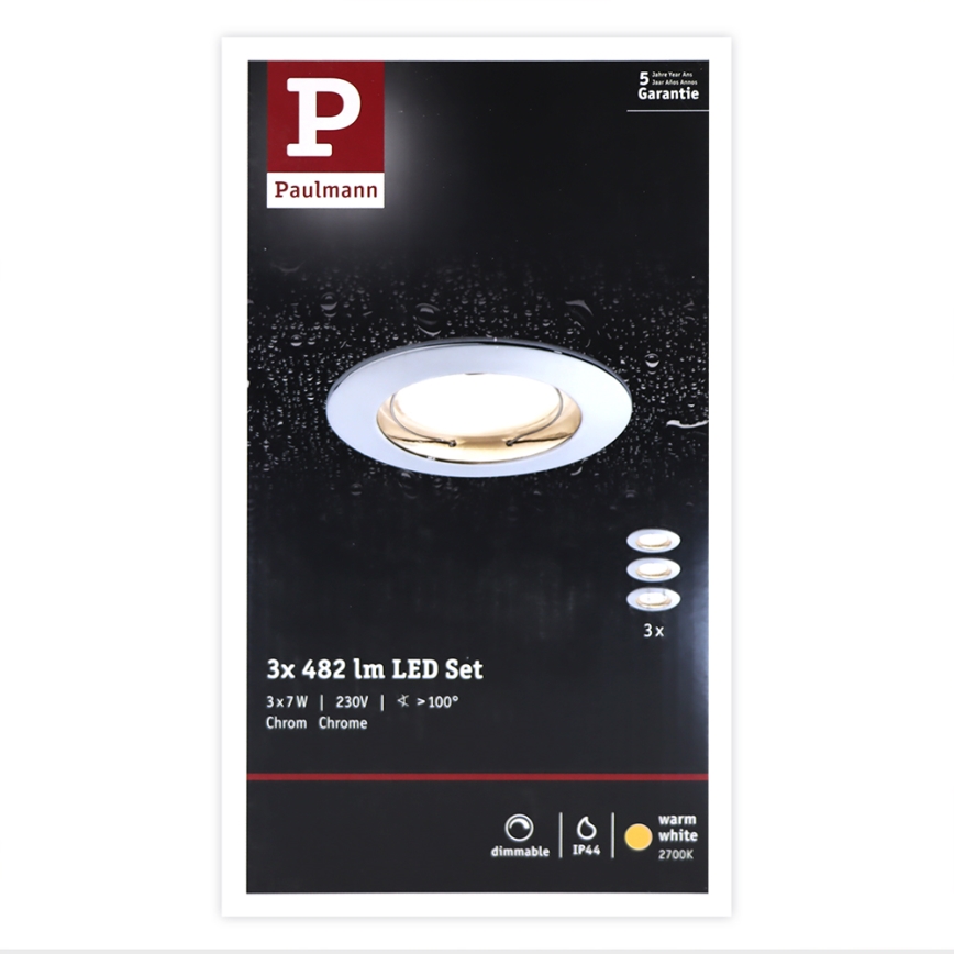 Paulmann 93960 - НАБІР 3xLED/7W IP44 Вбудований стельовий світильник для ванної з регулюванням яскравості COIN 230V