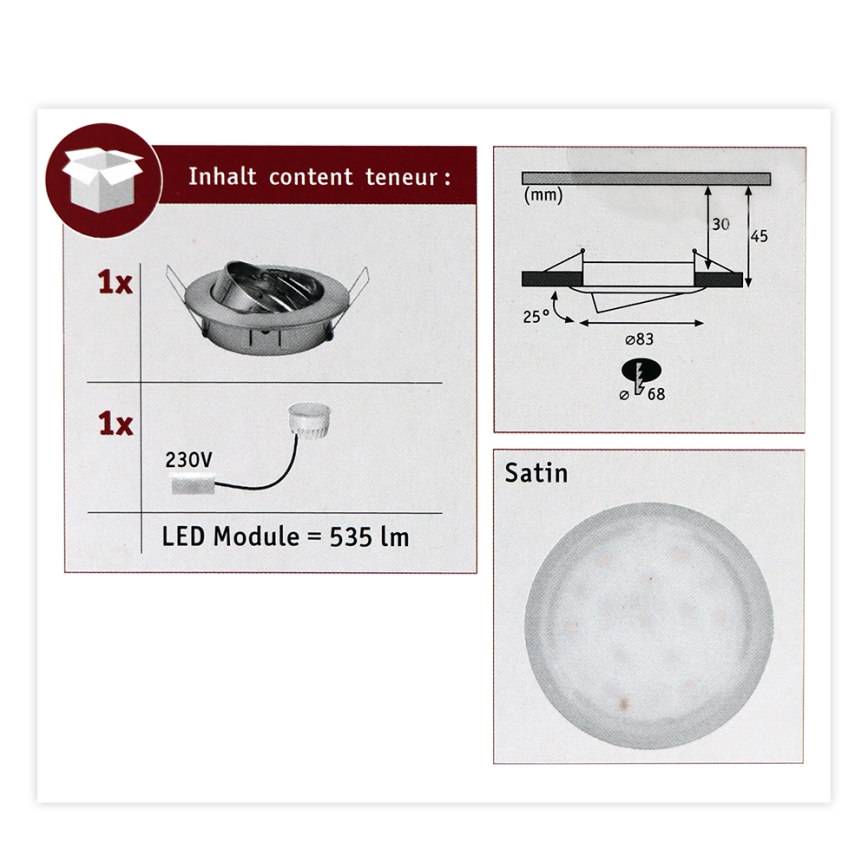 Paulmann 93979 - Встраиваемый светильник для ванной комнаты COIN LED/6,8W IP23 230V