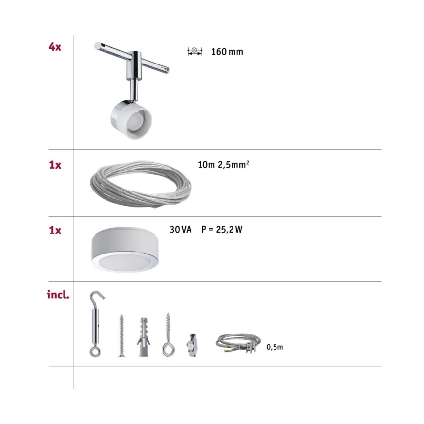 Paulmann 94080 - НАБІР 4×LED/4,8 Вт Повна тросова система STAGE 230 В глянцевий хром