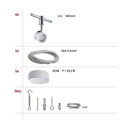 Paulmann 94080 - Набор 4xLED/4,8W: комплект тросовой системы STAGE, 230V, полированный хром