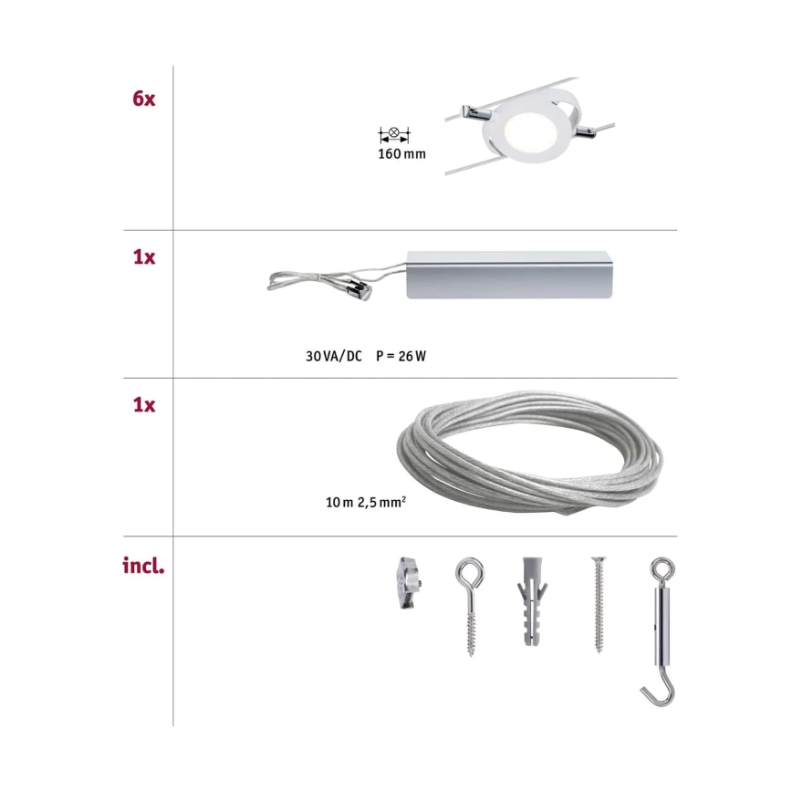 Paulmann 94106 - НАБІР 6xLED/4W Точковий світильник до мотузкової системи ROUNDMAC 230V білий