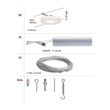 Paulmann 94109 - Комплект 5xLED/4,3W, повна тросова система MAC 230V, біла
