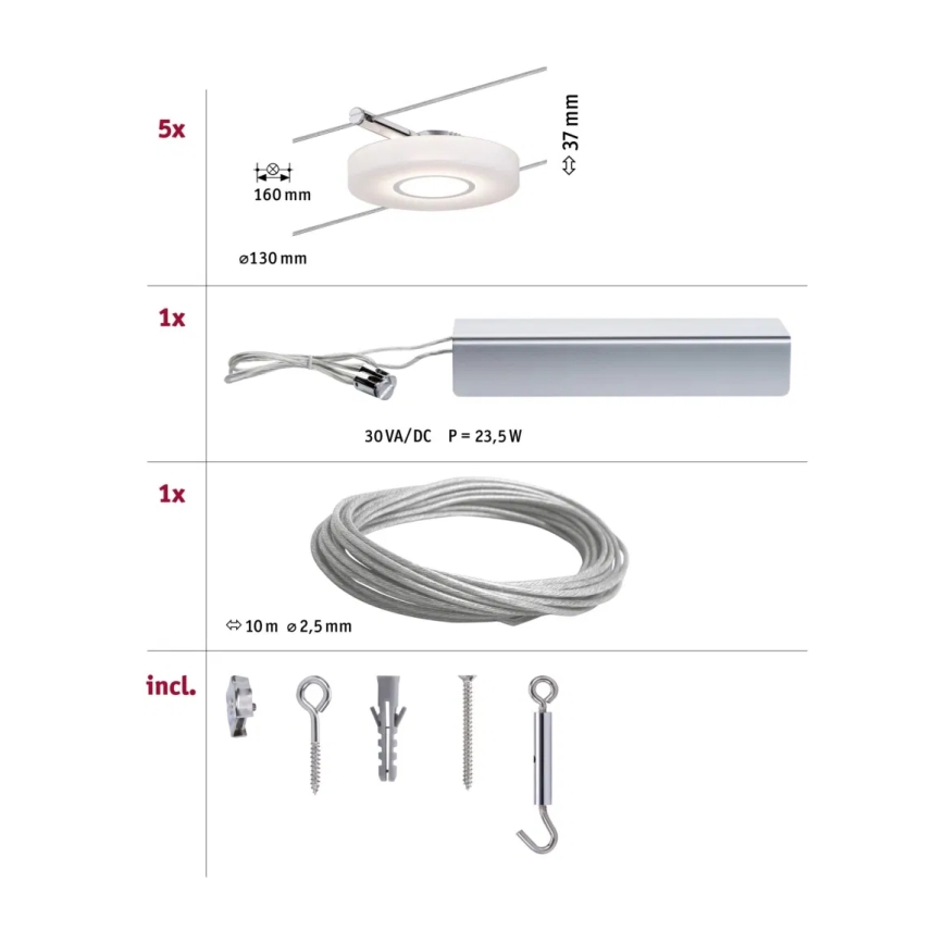 Paulmann 94109 - Комплект 5xLED/4,3W, повна тросова система MAC 230V, біла
